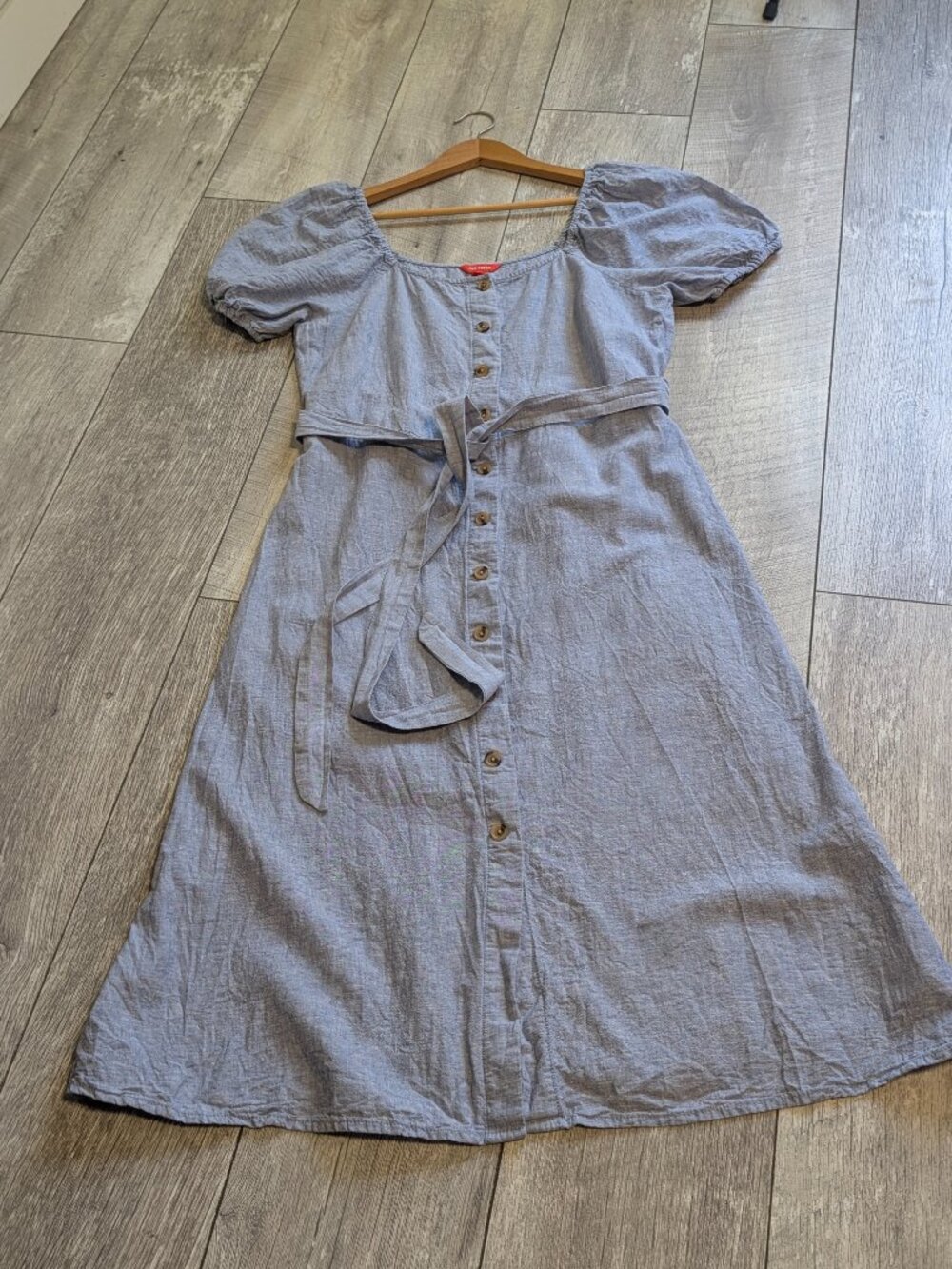 Chambray Linen Cotton Belted Button Front Midi Dress L Coastal Cottagecore EUC - Picture 4 of 9